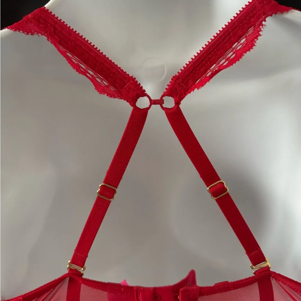La Senza Beyond Sexy Red Lace Push-Up Bra with Decorative Crisscross Band - Picture 3 of 5